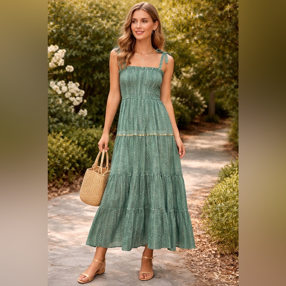 Blue Rain Green Smocked Tiered Maxi Dress